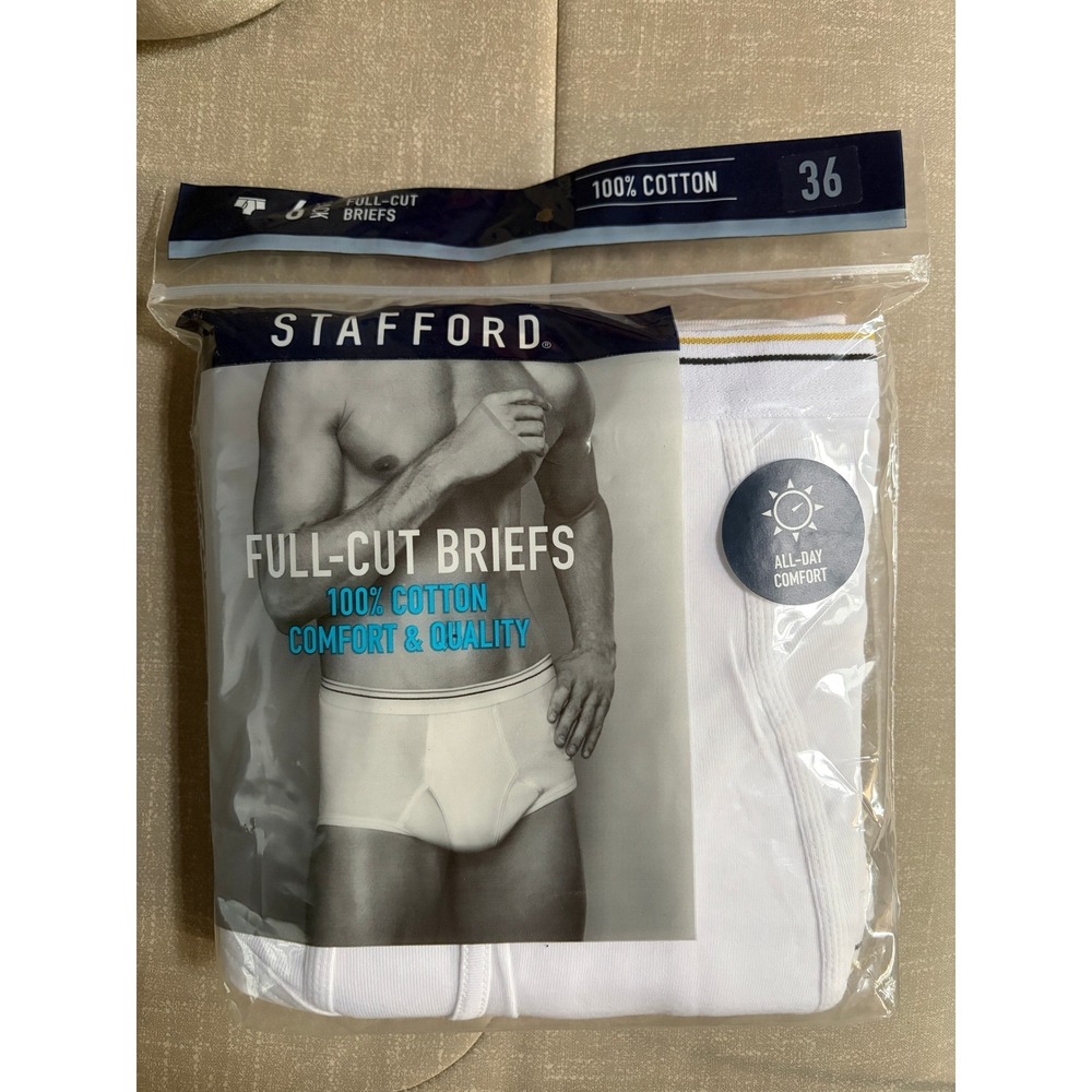 Stafford Mens 6 Pack Full-Cut Briefs 100% Cotton White Underwear Size 36